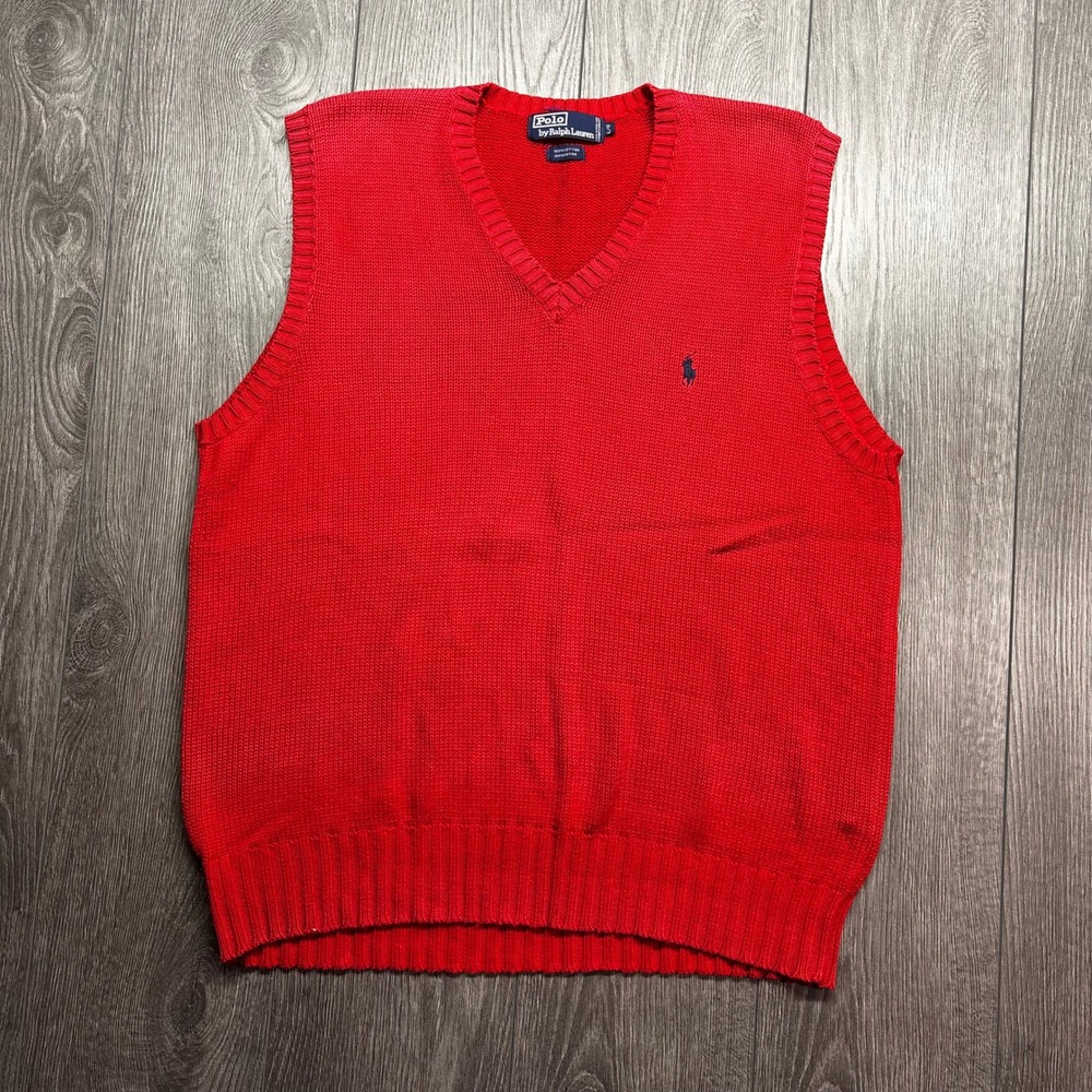 Polo Ralph Lauren Vintage Mens Large Red Cotton Knit V-Neck Sweater Vest Cotton